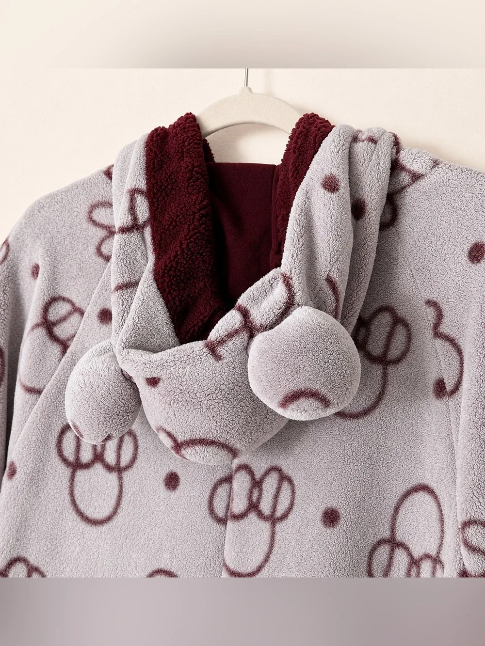 Disney Plush Fleece Hooded One-Piece Pajama Jumpsuit Pom Pom Zip Burgundy Gray L